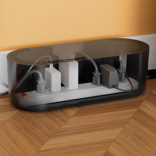 Cable Management Box, Power Strip Holder, Floor Outlet Hiders, Desk Cord Organizer, Cover TV Wires, Wire Storage, Extension Hider, Office Concealer for Cords, Baby Proof Cables - Large, Black