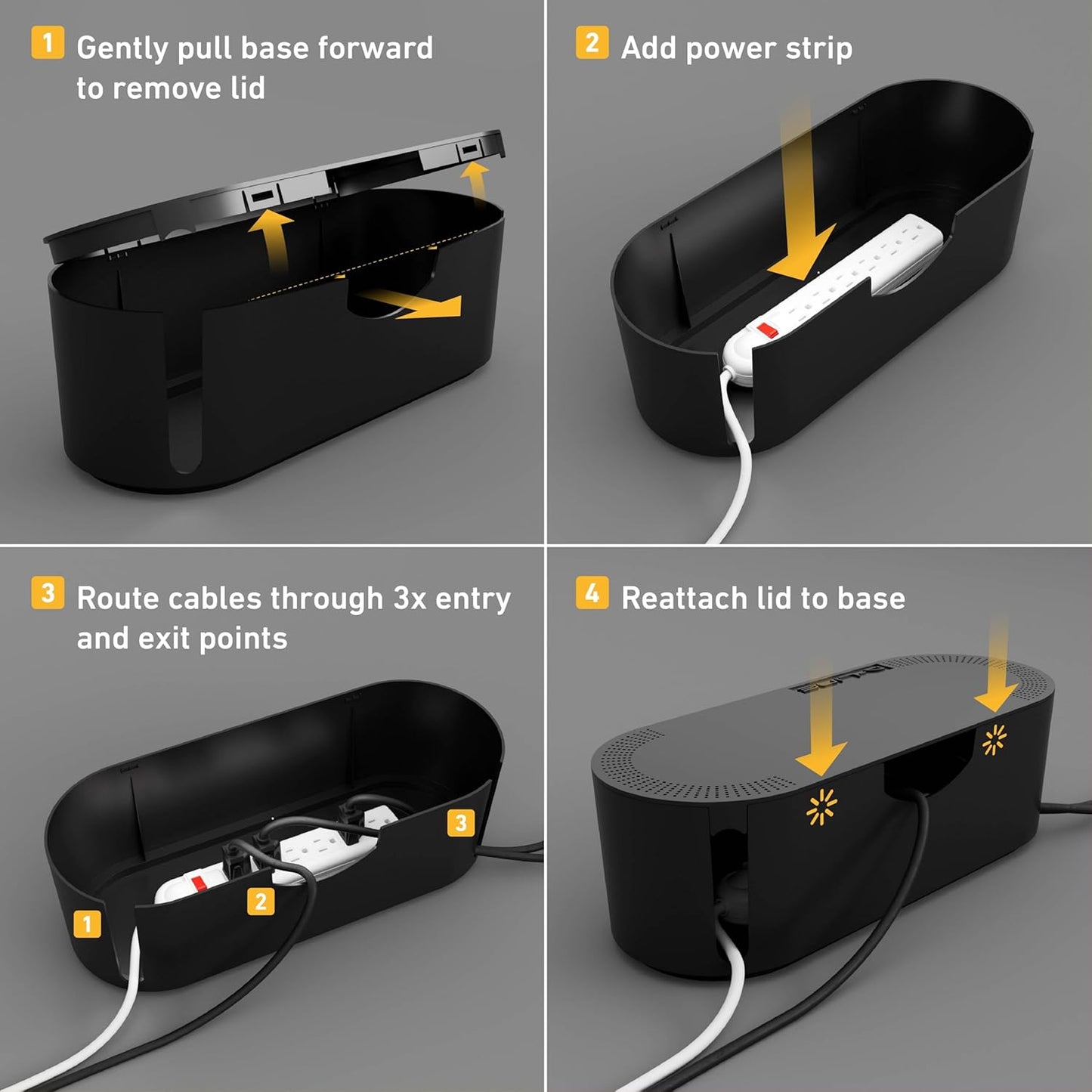Cable Management Box, Power Strip Holder, Floor Outlet Hiders, Desk Cord Organizer, Cover TV Wires, Wire Storage, Extension Hider, Office Concealer for Cords, Baby Proof Cables - Large, Black